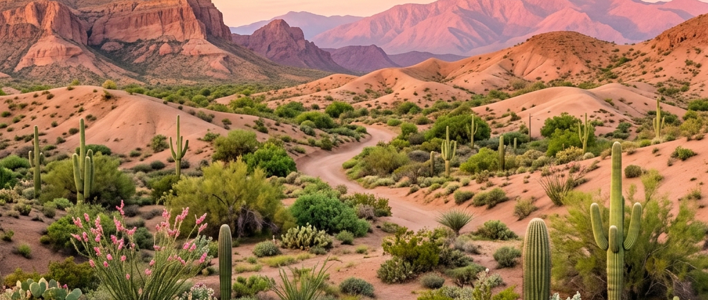 Desert landscape with cacti, shrubs, winding trail, and distant mountains at sunset