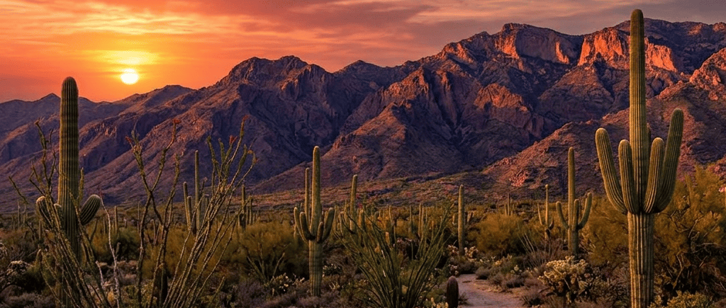 Cactus-filled desert trail with mountains and setting sun
